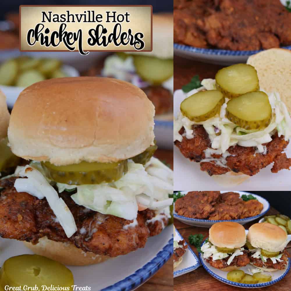 A three-panel photo collage of Nashville hot chicken sliders with a title overlay at the top.