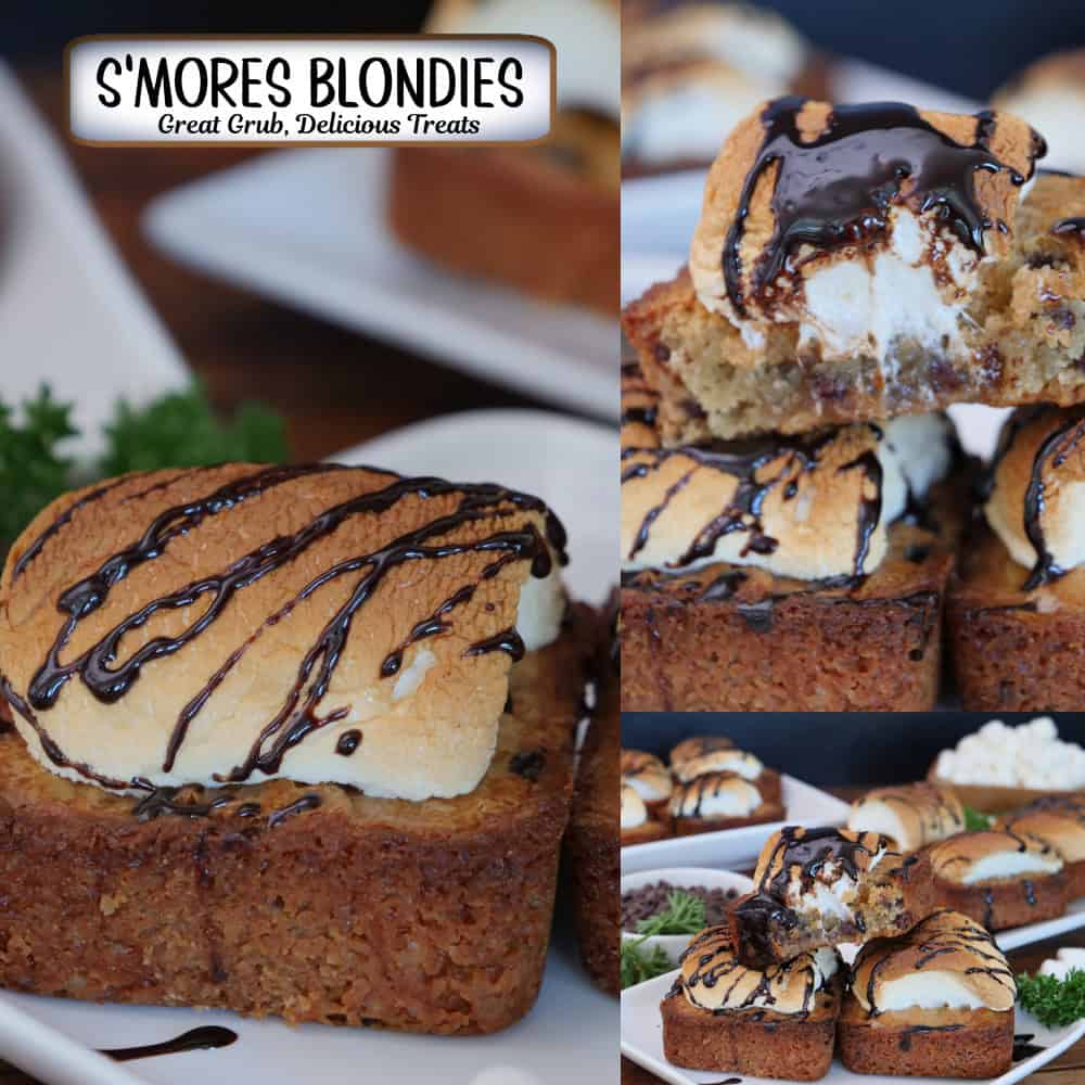 A three panel photo collage of S'mores blondies on white plates with a title overlay at the top.