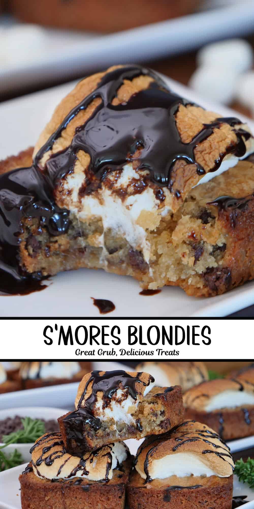 A two-panel photo collage of S'mores blondies with a title overlay in the center.