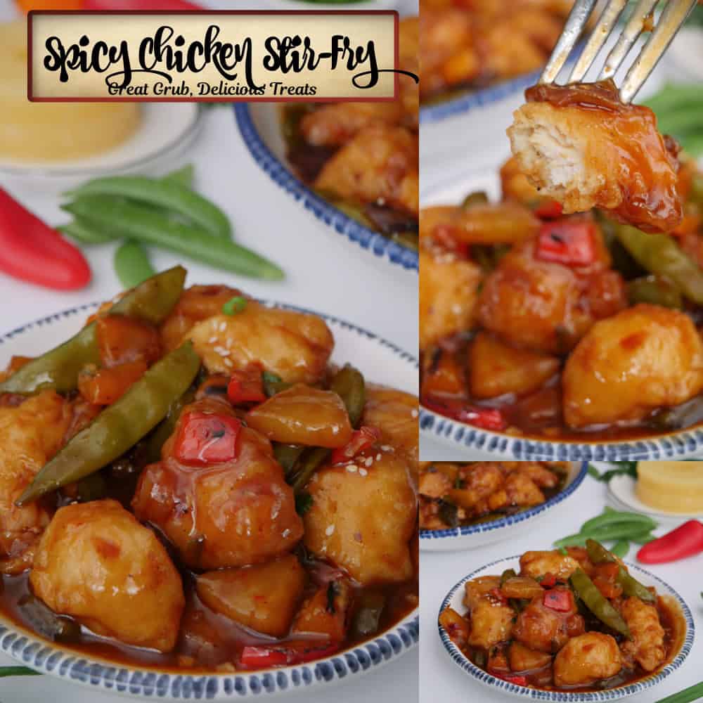 A three panel collage of spicy chicken stir-fry with a title overlay at the top.