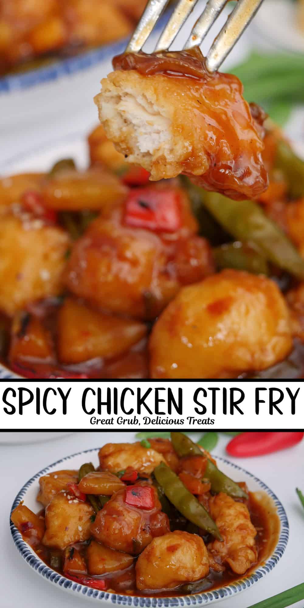 A two panel photo collage of spicy chicken stir-fry with a title overlay in the center.