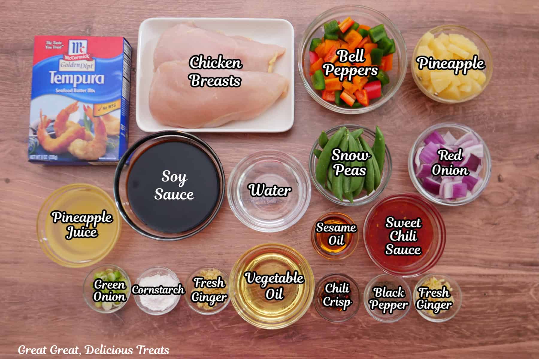A wood surface with all the ingredients on it that are labeled to make spicy chicken stir-fry.