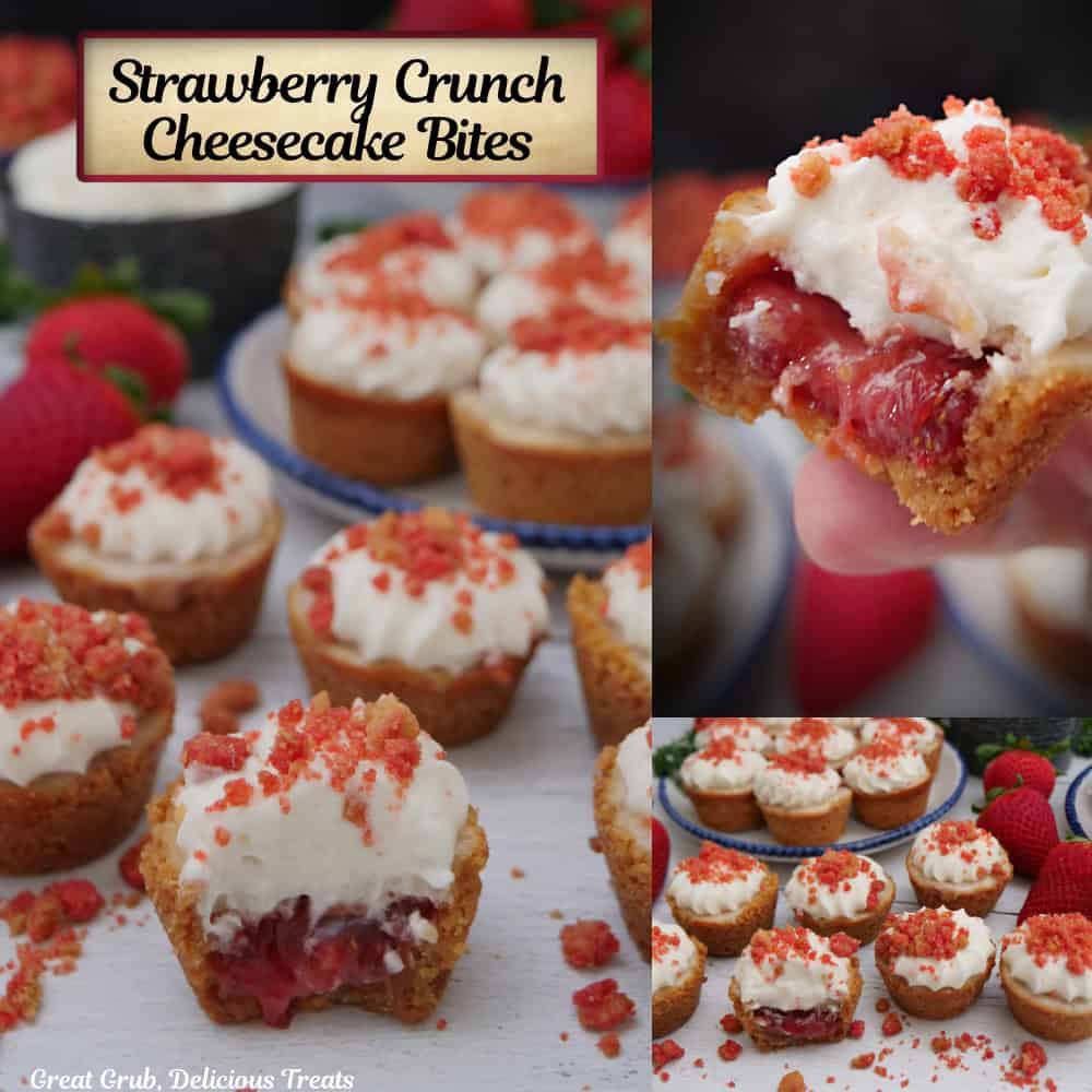 A three panel photo collage of strawberry crunch cheesecake bites with a title overlay at the top.