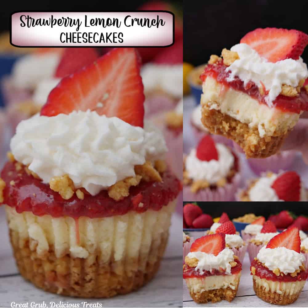 A three-panel photo collage of strawberry lemon crunch cheesecakes with a title overlay at the top.