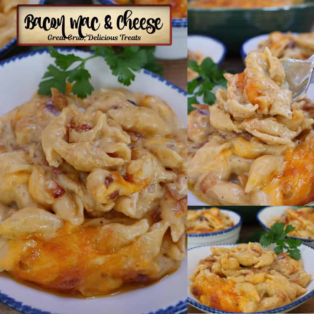 A three panel collage of bacon mac and cheese with a title overlay at the top.