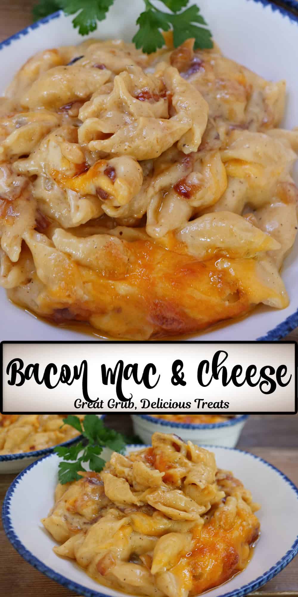 A two panel collage of bacon mac and cheese in a white bowl with blue trim, and a title overlay in the center between the two photos.
