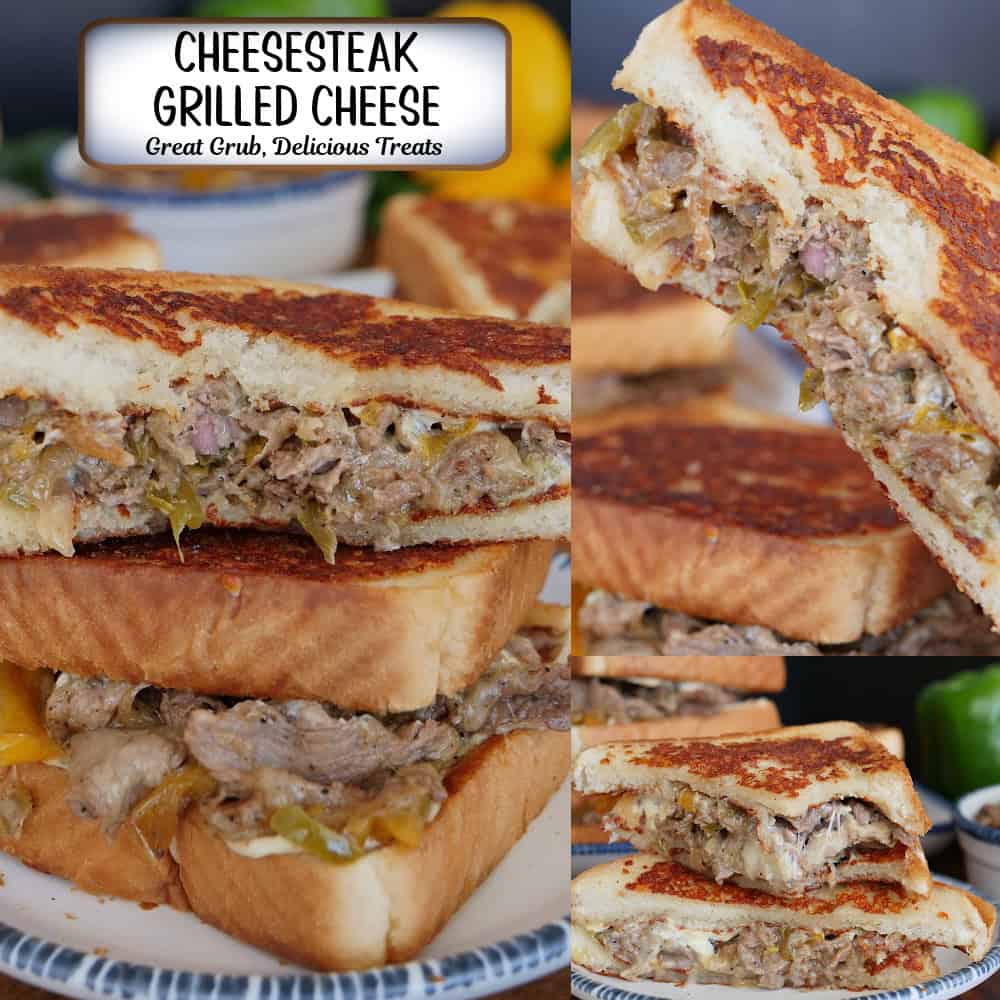 A three-panel collage of cheesesteak grilled cheese sandwiches with a title overlay at the top.