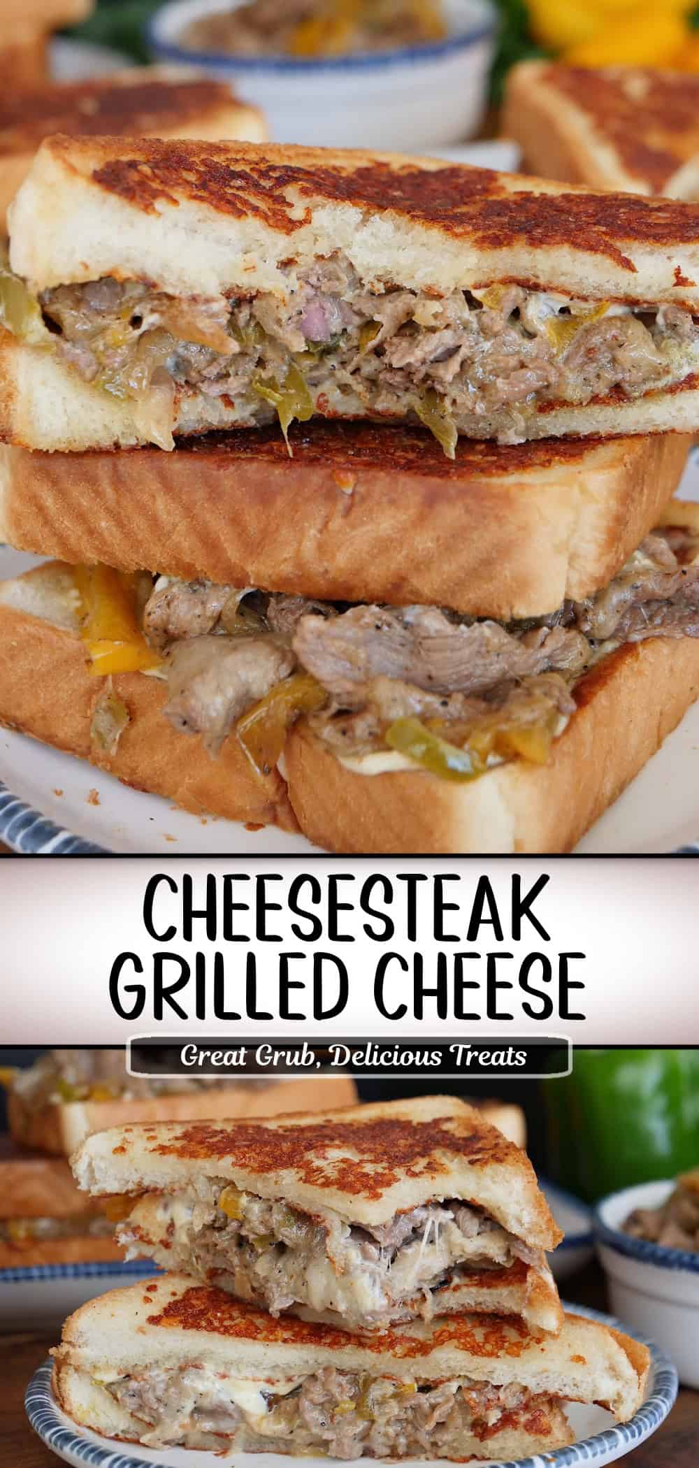 A two-panel collage of Philly cheesesteak grilled cheese sandwiches with a title overlay in the middle.