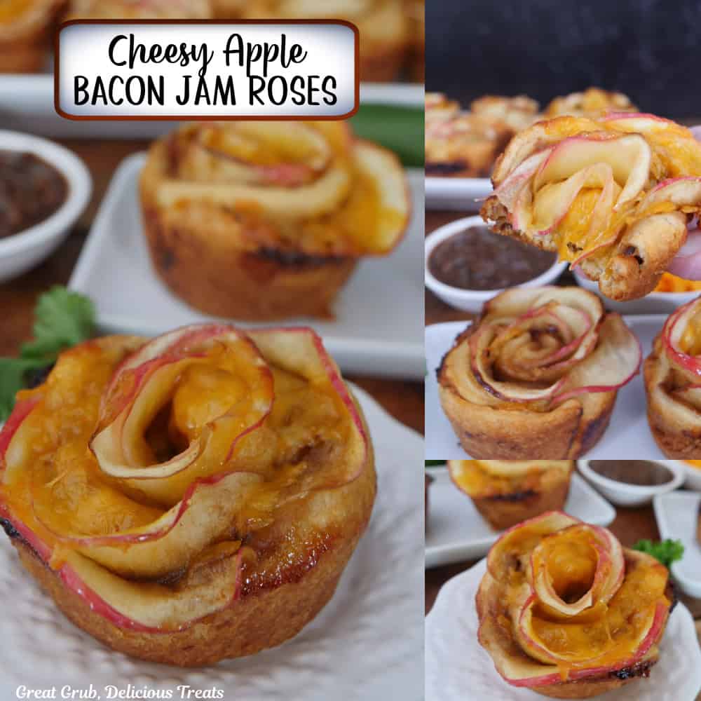 A three panel collage of cheesy apple bacon jam roses and the title overlay at the top.
