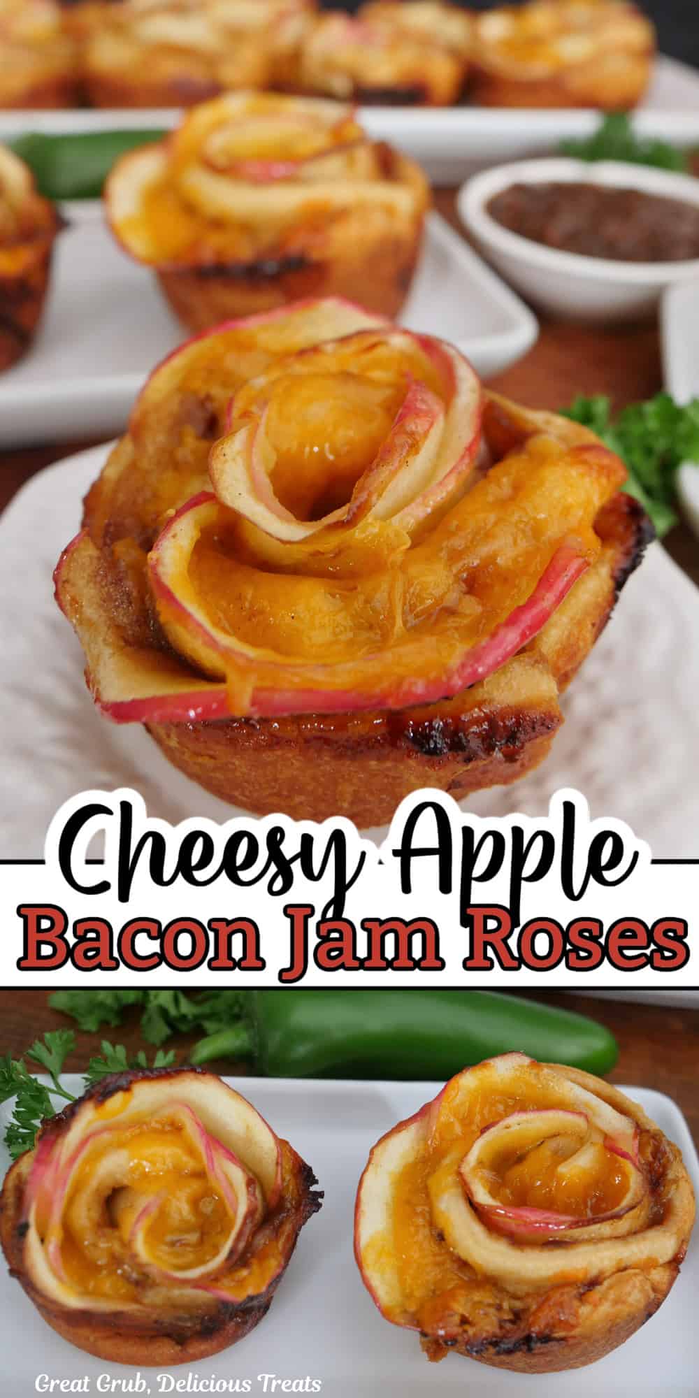 A two panel collage of cheesy apple bacon jam roses with a title overlay in the center.