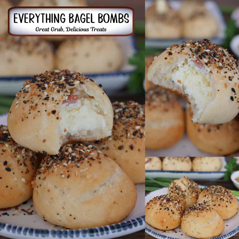 A three panel collage of everything bagel bombs on a white plate with blue trim and a title overlay at the top left.