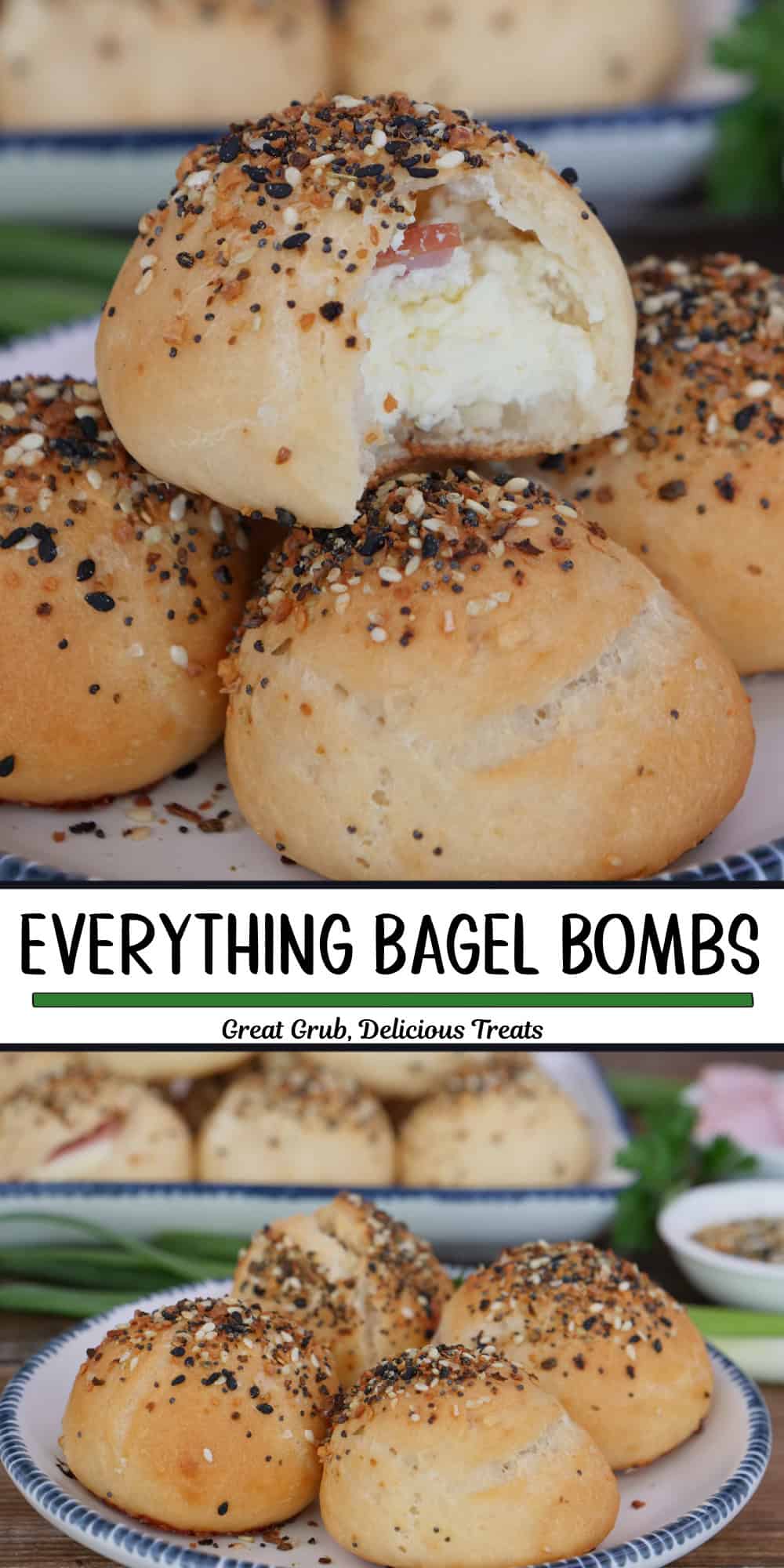 A two panel collage of bagel bombs topped with Everything Bagel seasoning, and a title overlay in the center.