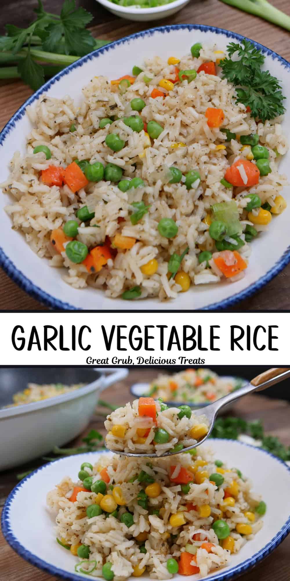 A two panel collage of garlic vegetable rice in a white blow with blue trim and a title overlay in the center.
