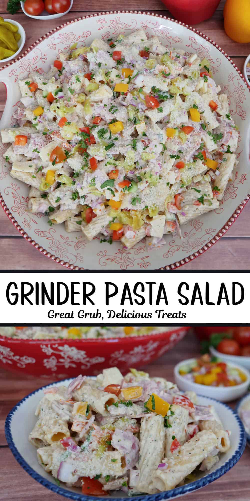 A two-panel collage of grinder pasta salad in a bowl with a title overlay in the center.