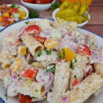 A white bowl with blue trim filled with a serving of grinder pasta salad and a title overlay at the top.