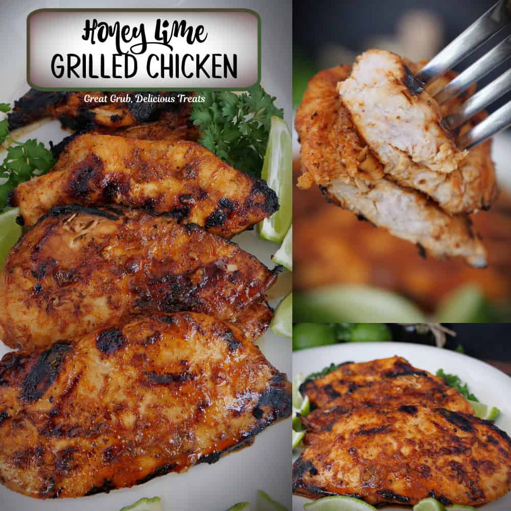 A three panel collage of honey lime grilled chicken on a white plate with a title overlay at the top.