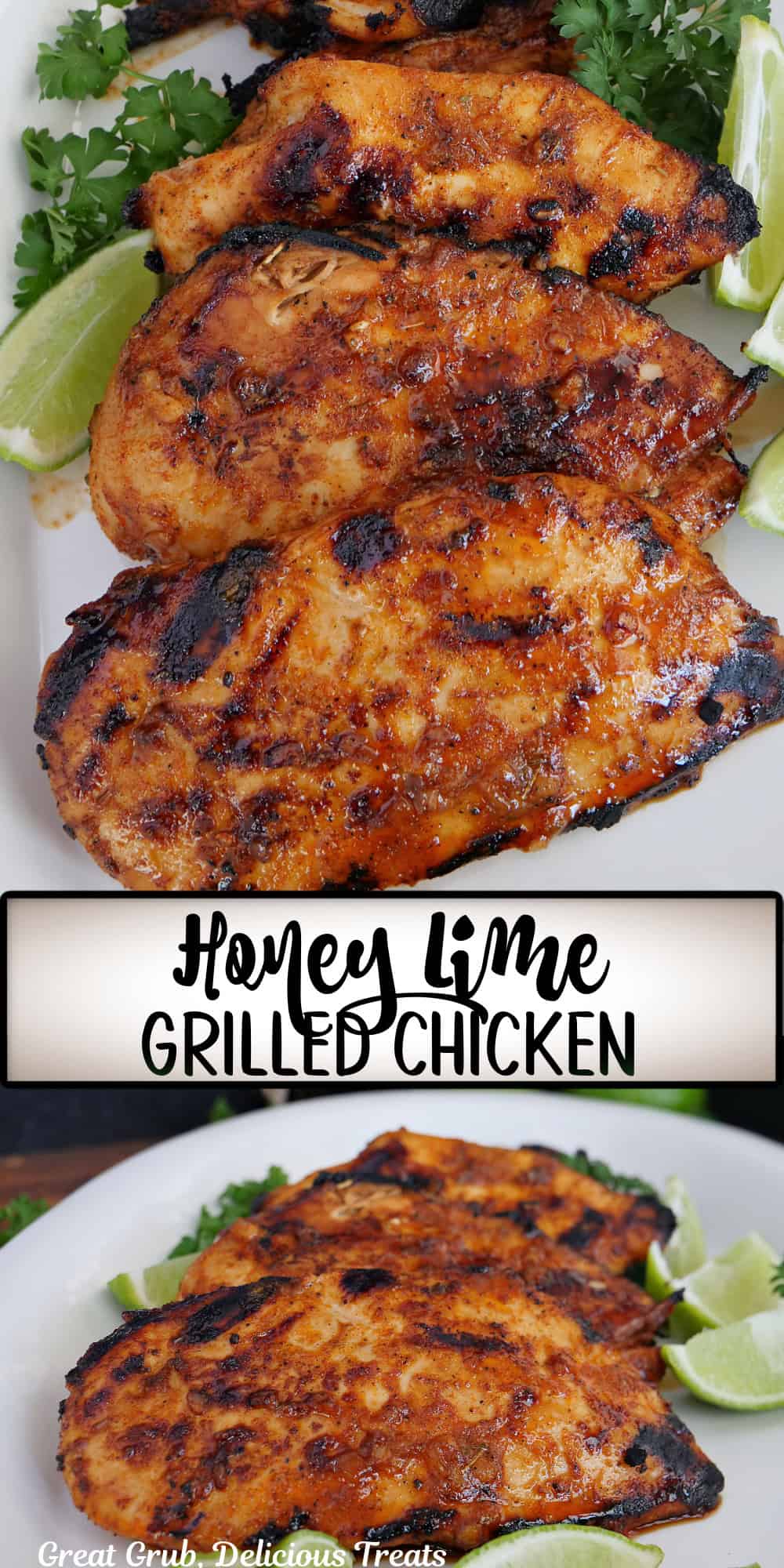 A two panel collage of grilled honey lime chicken breasts placed on a white plate with a title overlay in the center between the two photos.