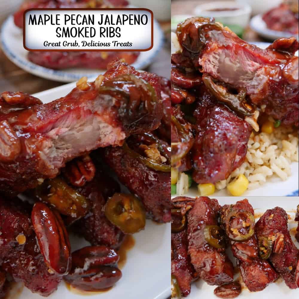 A three panel collage of smoked maple pecan jalapeno pork ribs with a title overlay at the top.