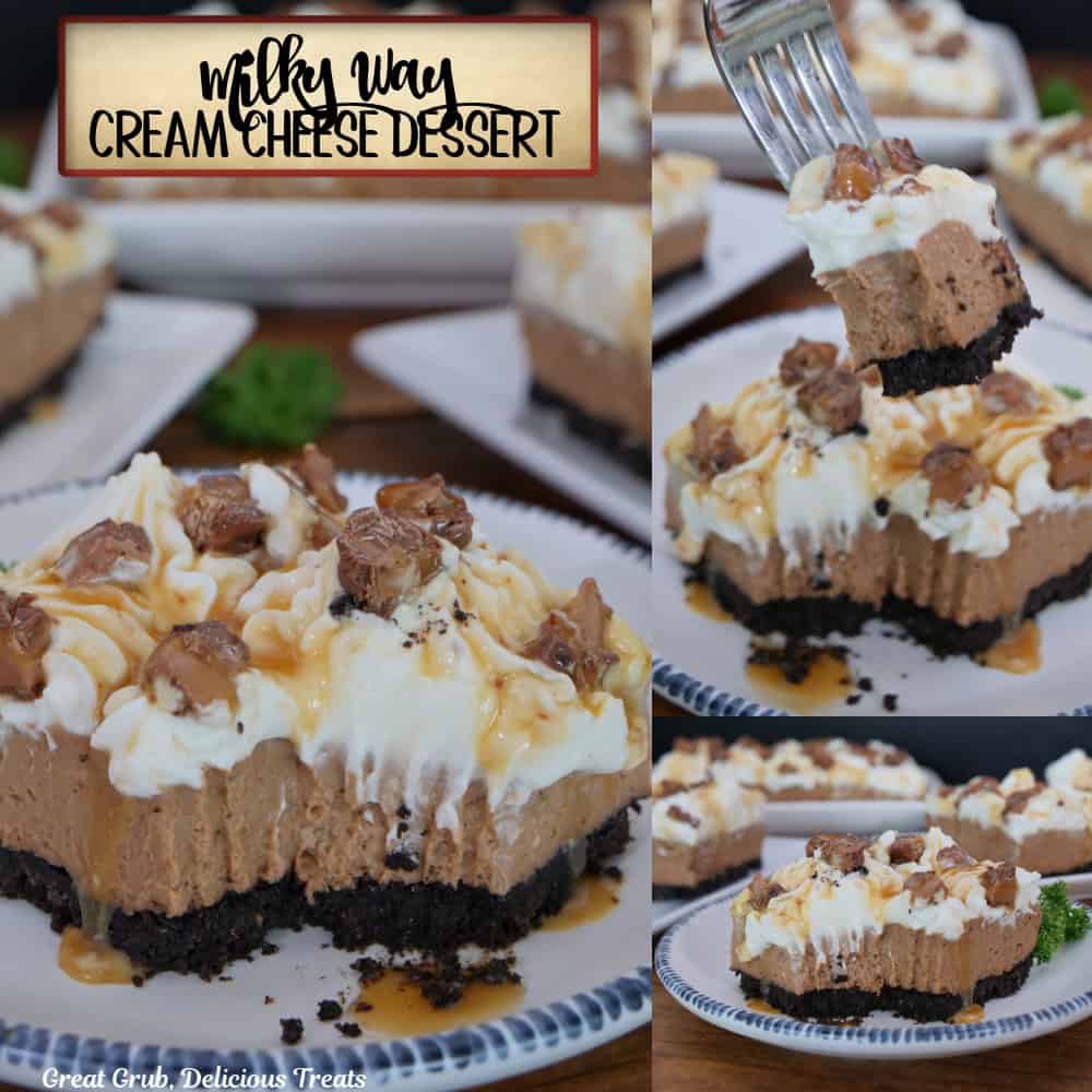 A three panel collage of a Milky Way cream cheese dessert with a title overlay at the top.