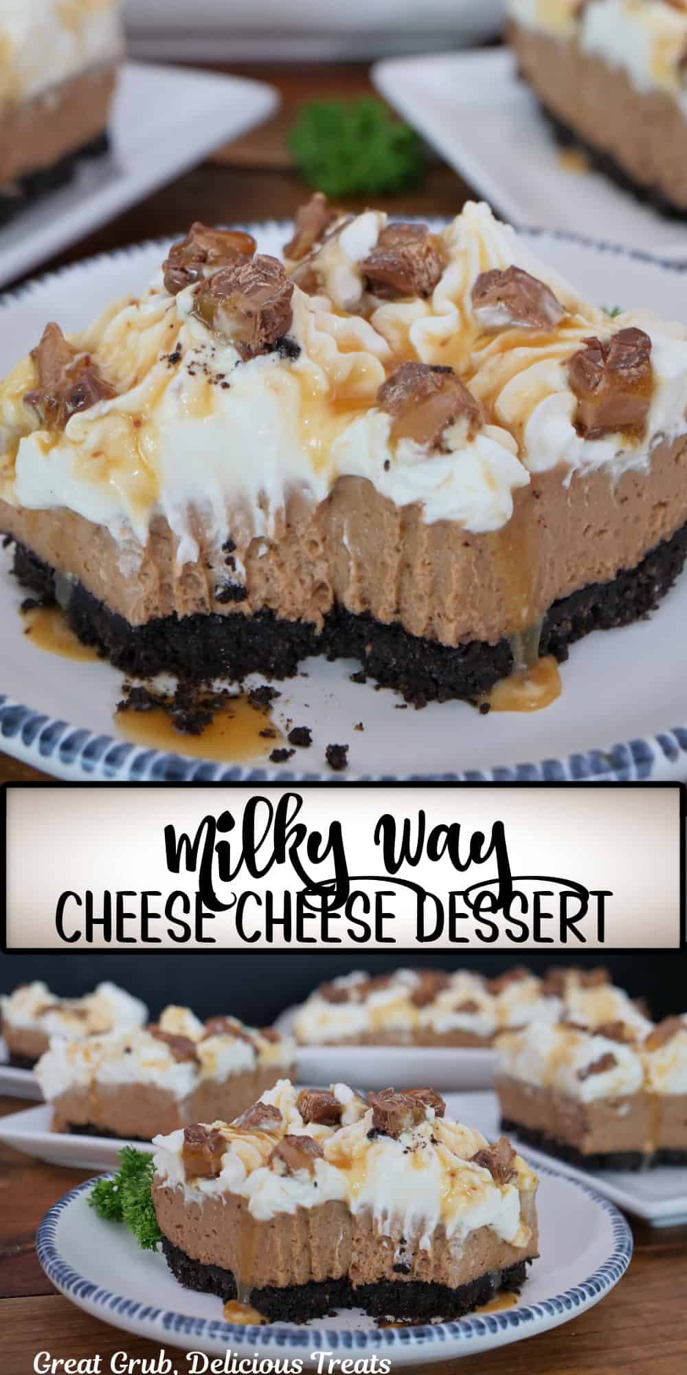 A two panel collage of milky way cream cheese dessert with a title overlay in the center.