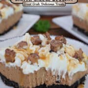 A round white plate with blue trim with a serving of milky way cream cheese dessert on it with a bite taken out, and a title overlay at the topl.