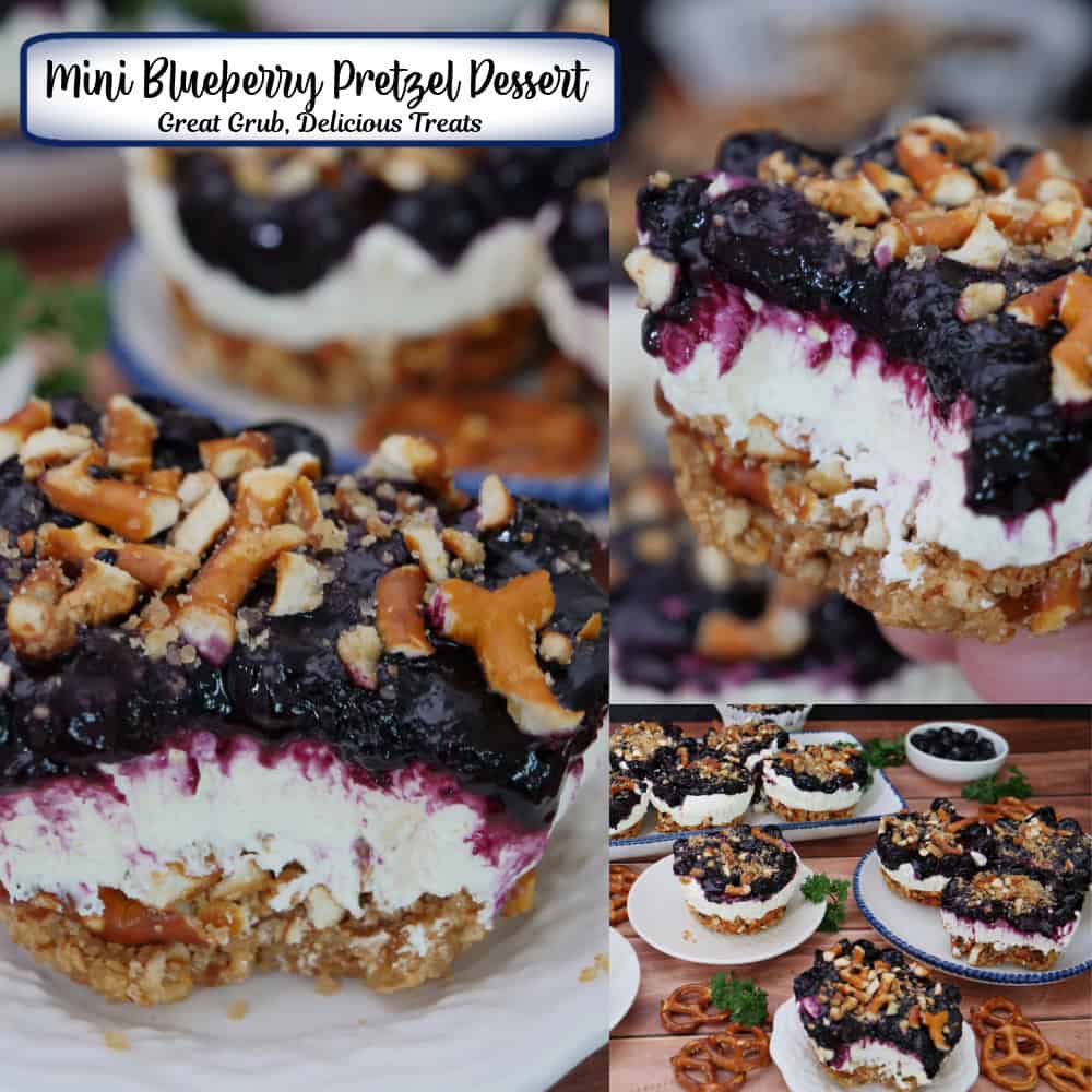 A three panel collage of mini blueberry pretzel dessert with a title overlay at the top.