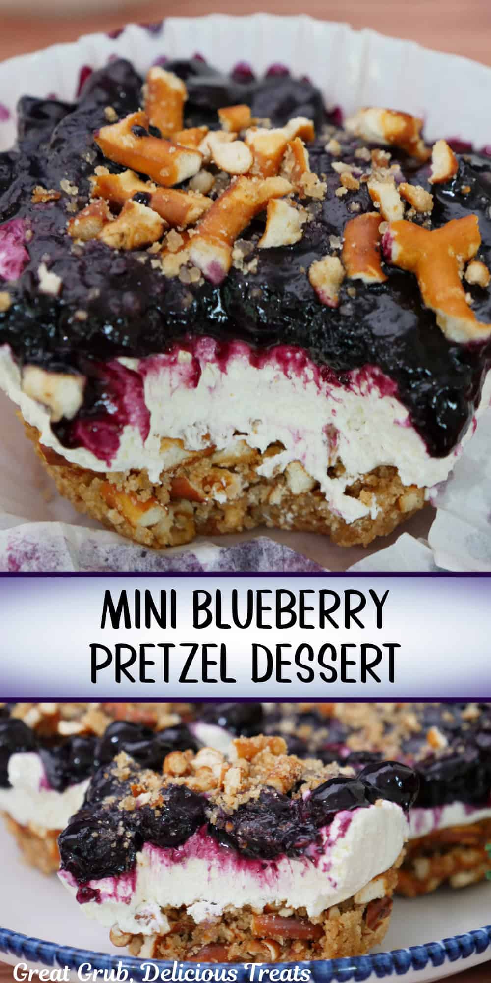 A two panel collage of mini blueberry pretzel desserts and a title overlay in the center between the two photos.