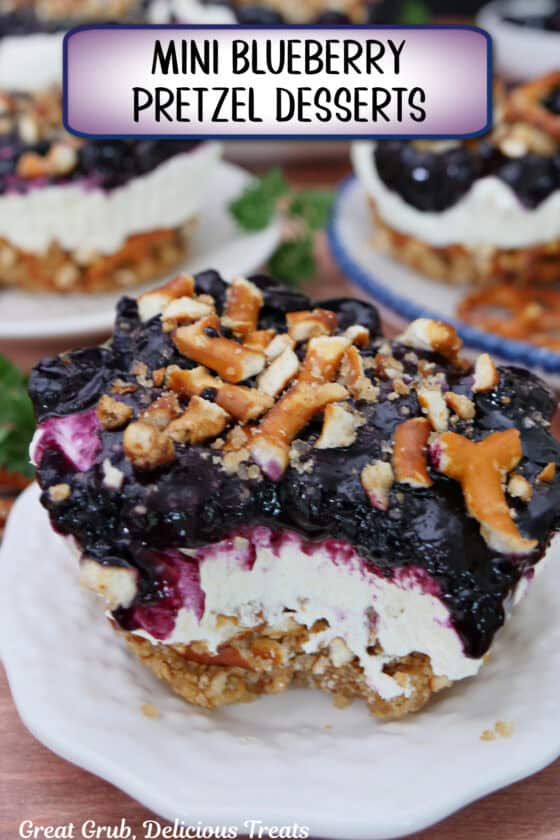 A mini blueberry pretzel dessert on a small round white plate with a bite taken out of it, and a title overlay at the top.
