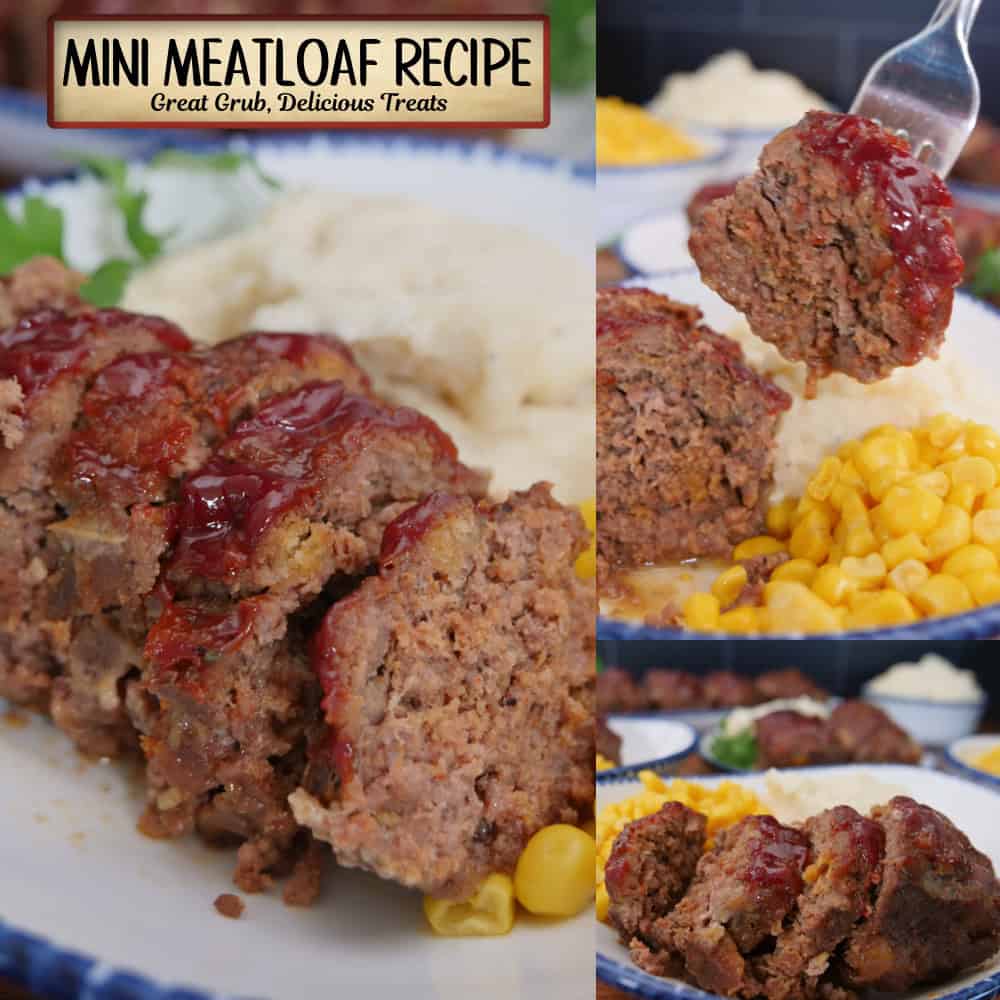 A three panel collage of a mini meatloaf on a white plate with blue trim, and a title overlay at the top.