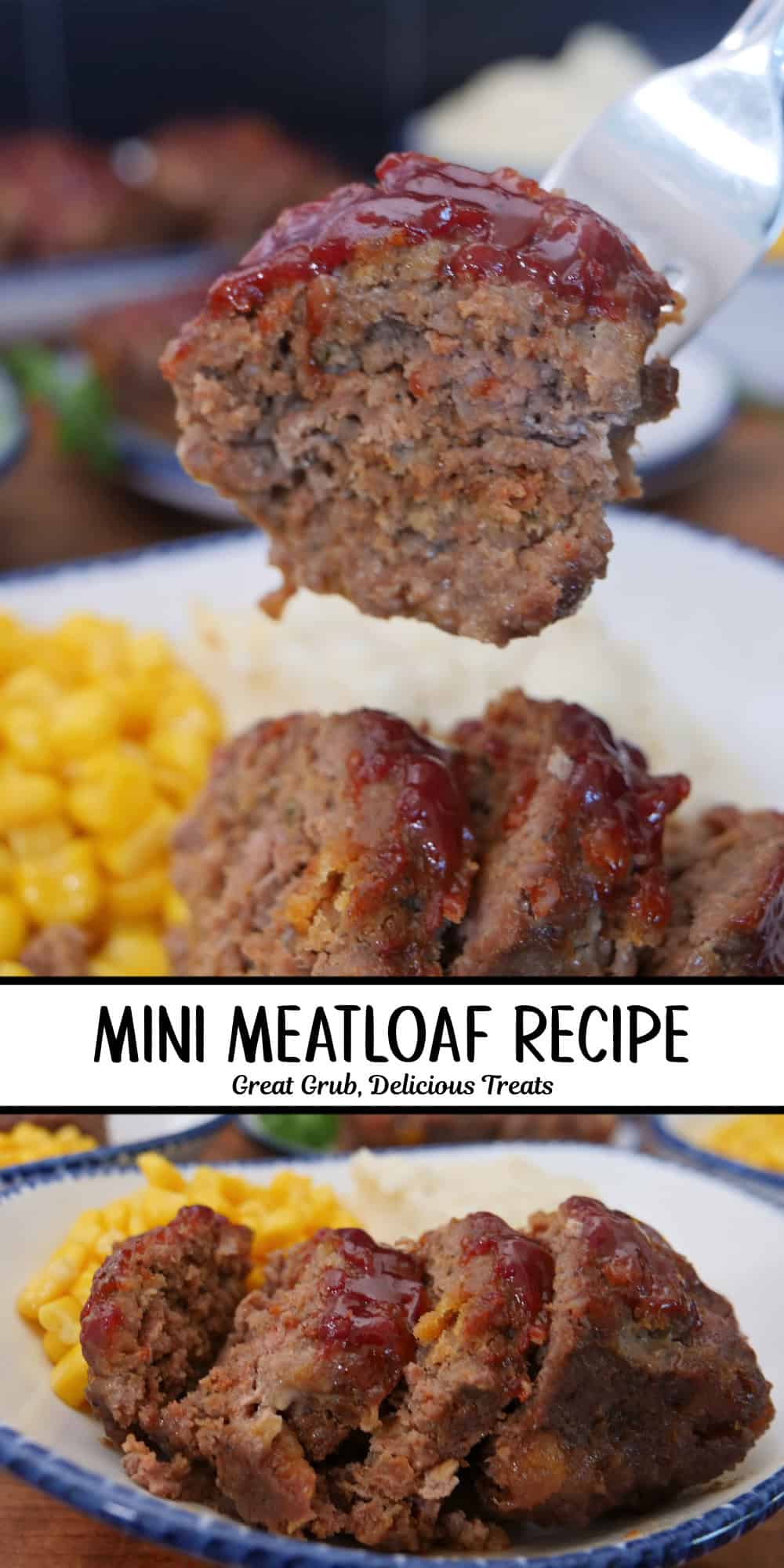 A two-panel collage of mini meatloaf on a white plate with a title overlay in the center.