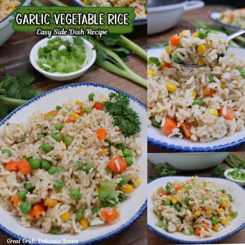 A three-panel collage of garlic vegetable rice in a white bowl with blue trim and a title overlay at the top.