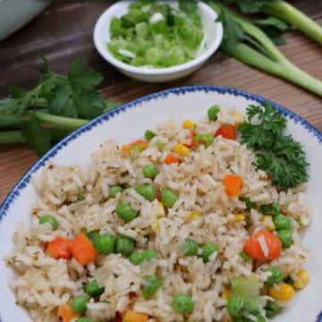 A white bowl with blue trim filled with a serving of garlic vegetable rice with a title overlay at the top.