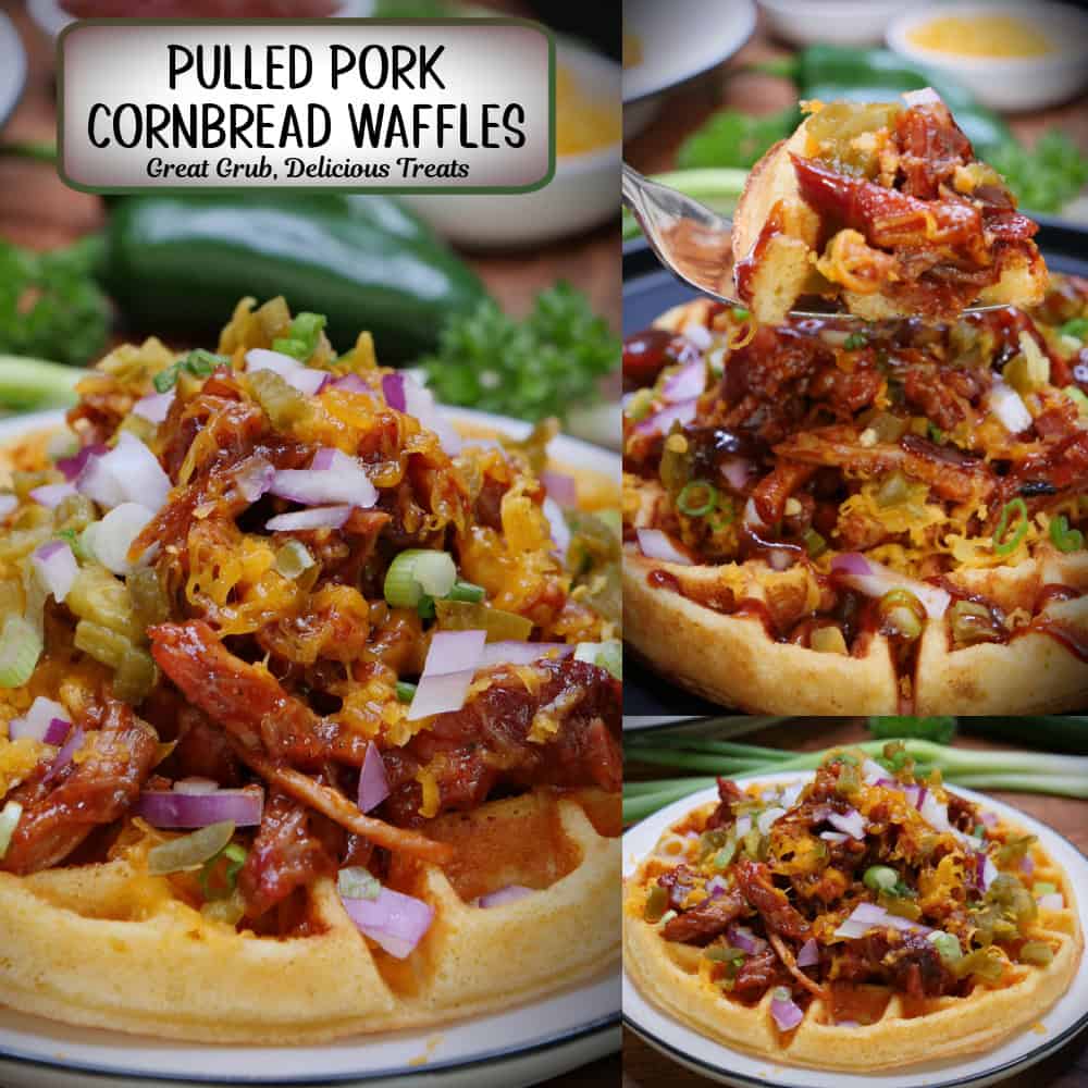 A three panel collage of cornbread waffles with pulled pork cheese, onions, and BBQ sauce piled on top, with a title overlay at the top.