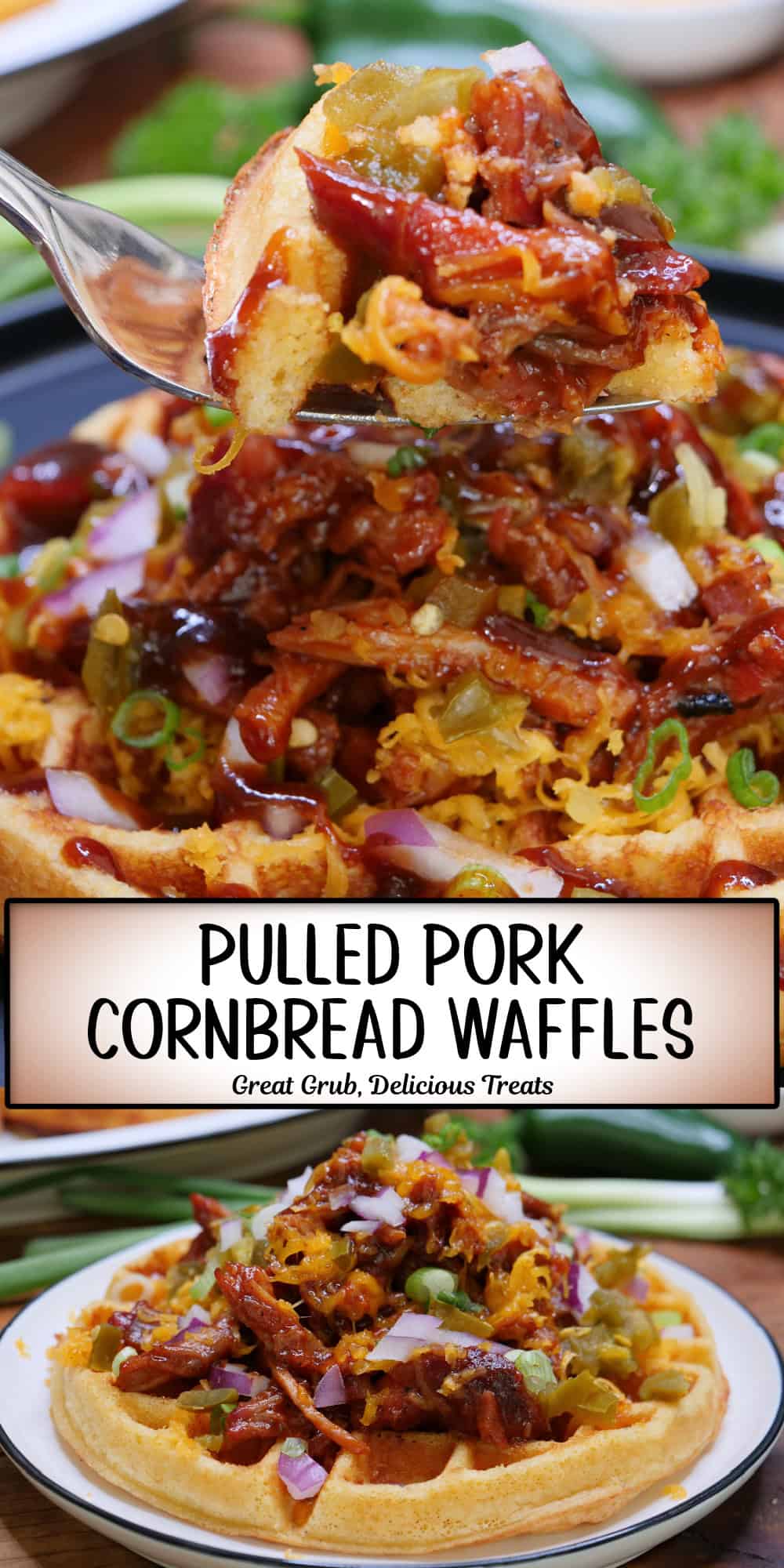 A two-panel collage of pulled pork cornbread waffles with a title overlay in the center.