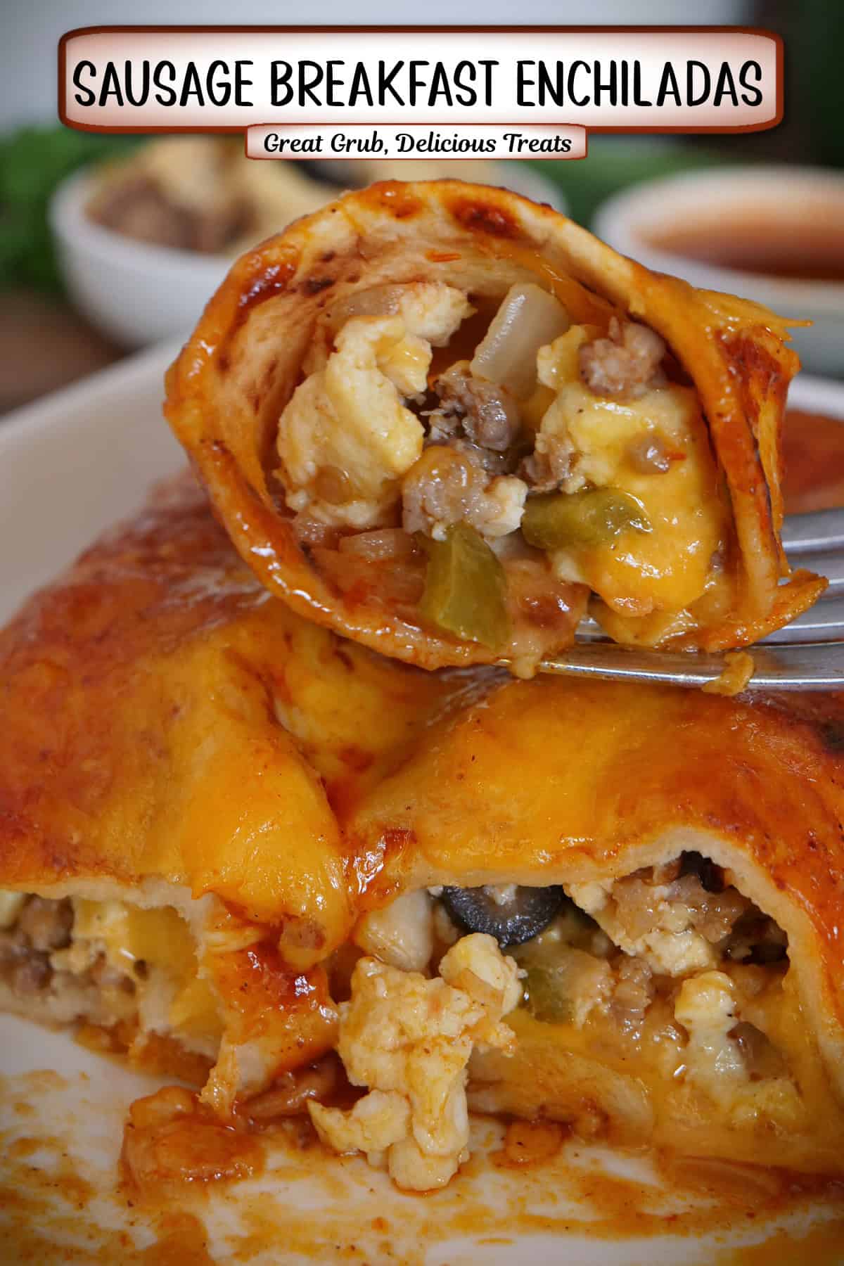 A white plate with two breakfast enchiladas on it and a bite on enchilada on a fork, with a title overlay at the top.