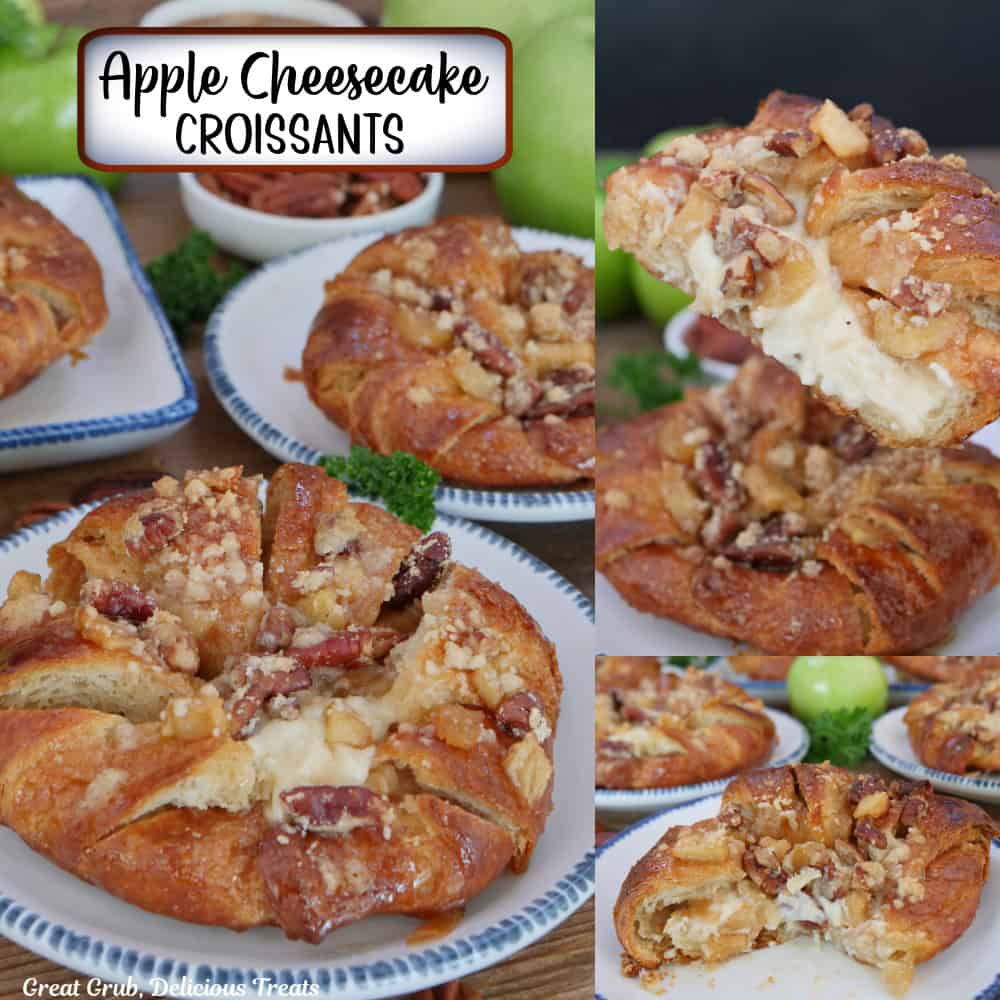 A three panel collage of apple cheesecake croissants on round white plates with blue trim and a title overlay at the top.