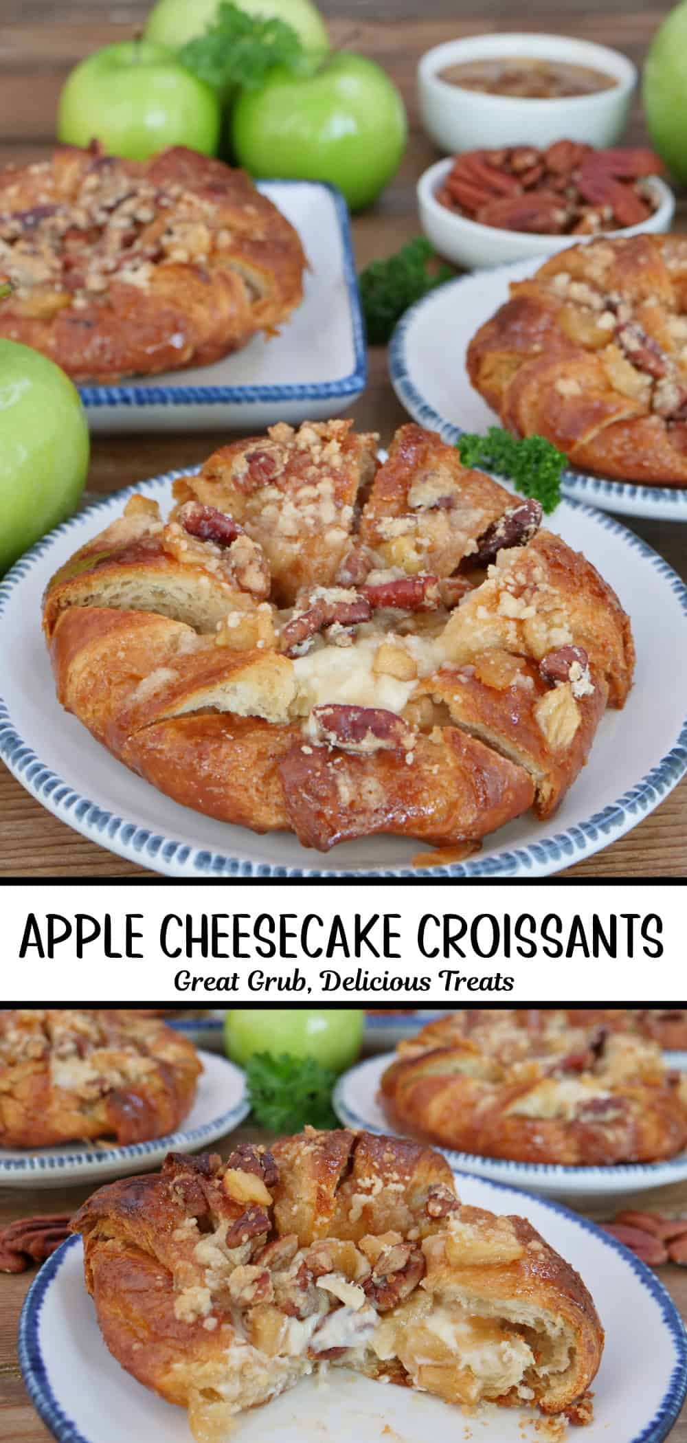 A two panel collage of apple cheesecake croissants on a white plate with blue trim and a title overlay in the middle of the two photos.