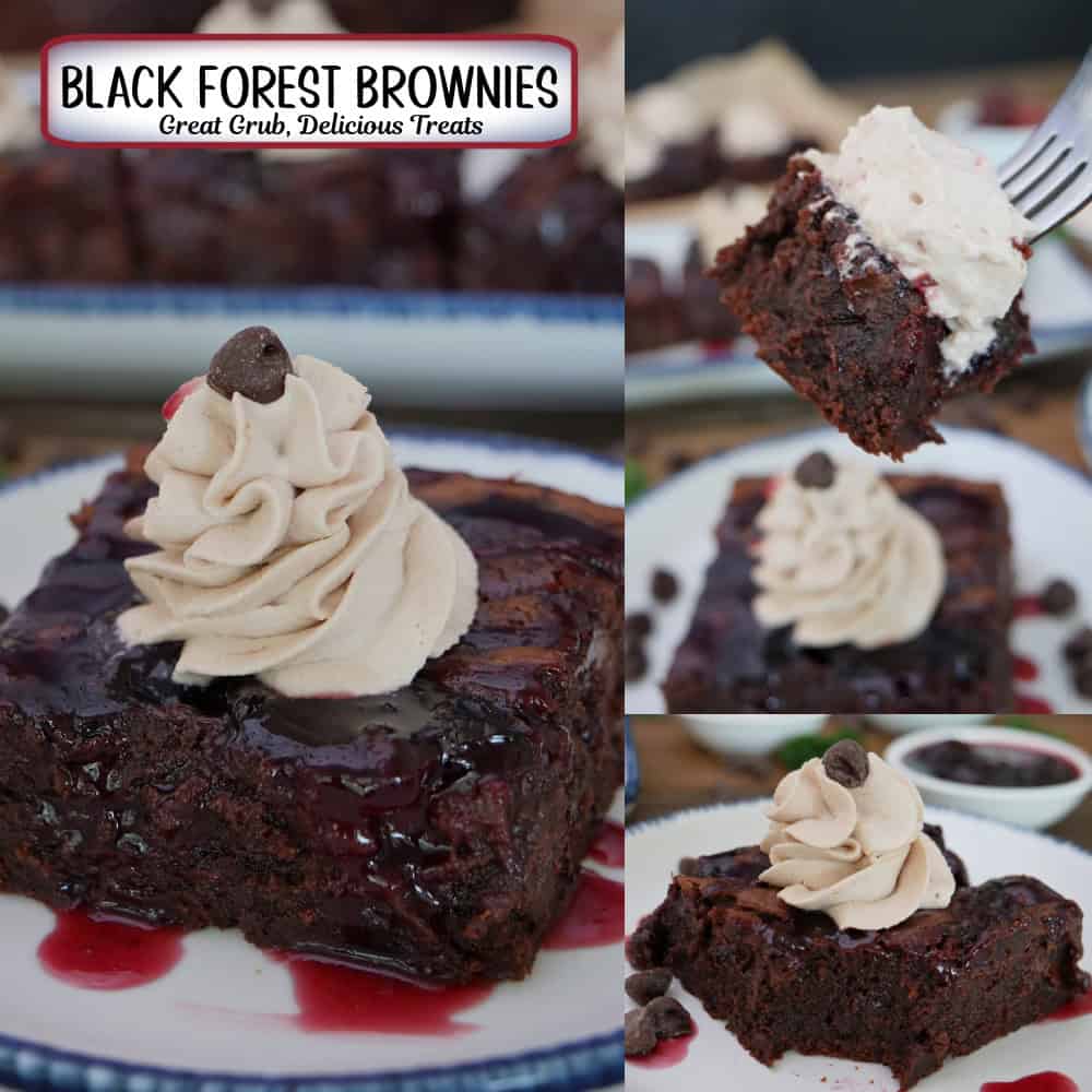 A three collage photo of black forest brownies on a white plate with blue trim, and a title overlay at the top.