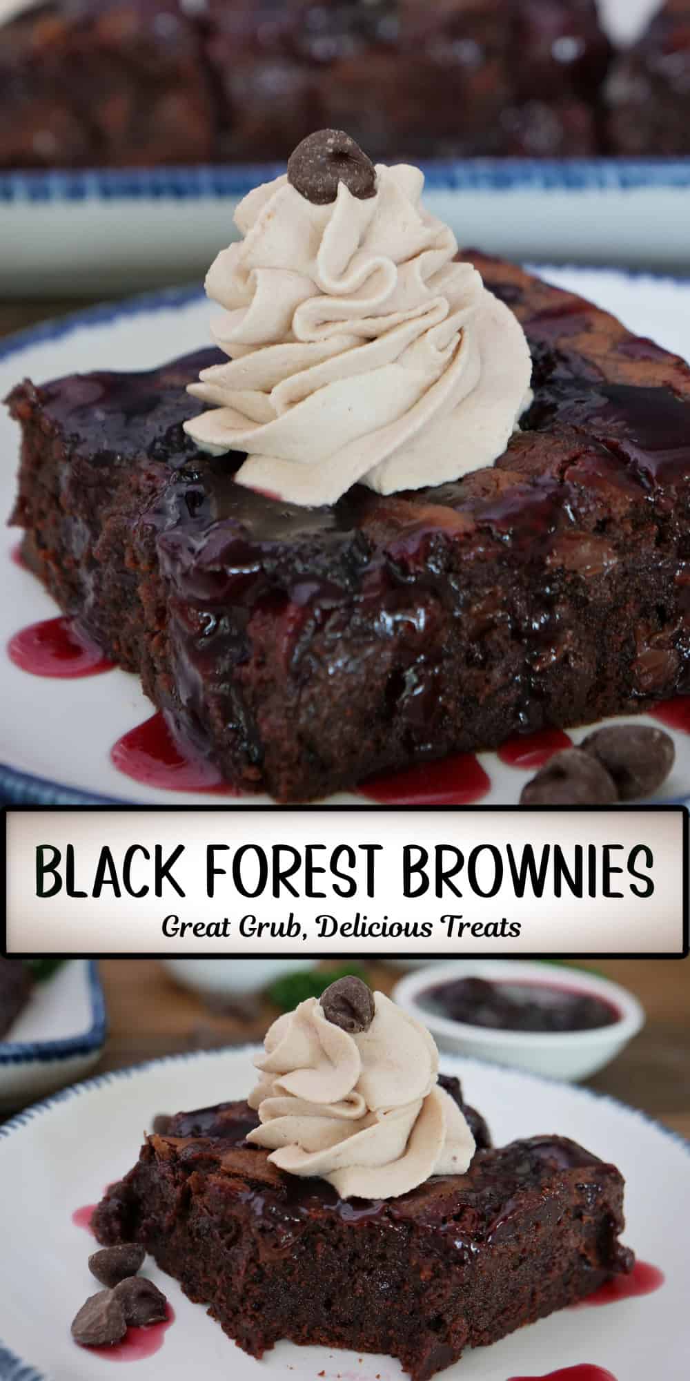 A two panel collage of black forest brownies with a title overlay in the center.