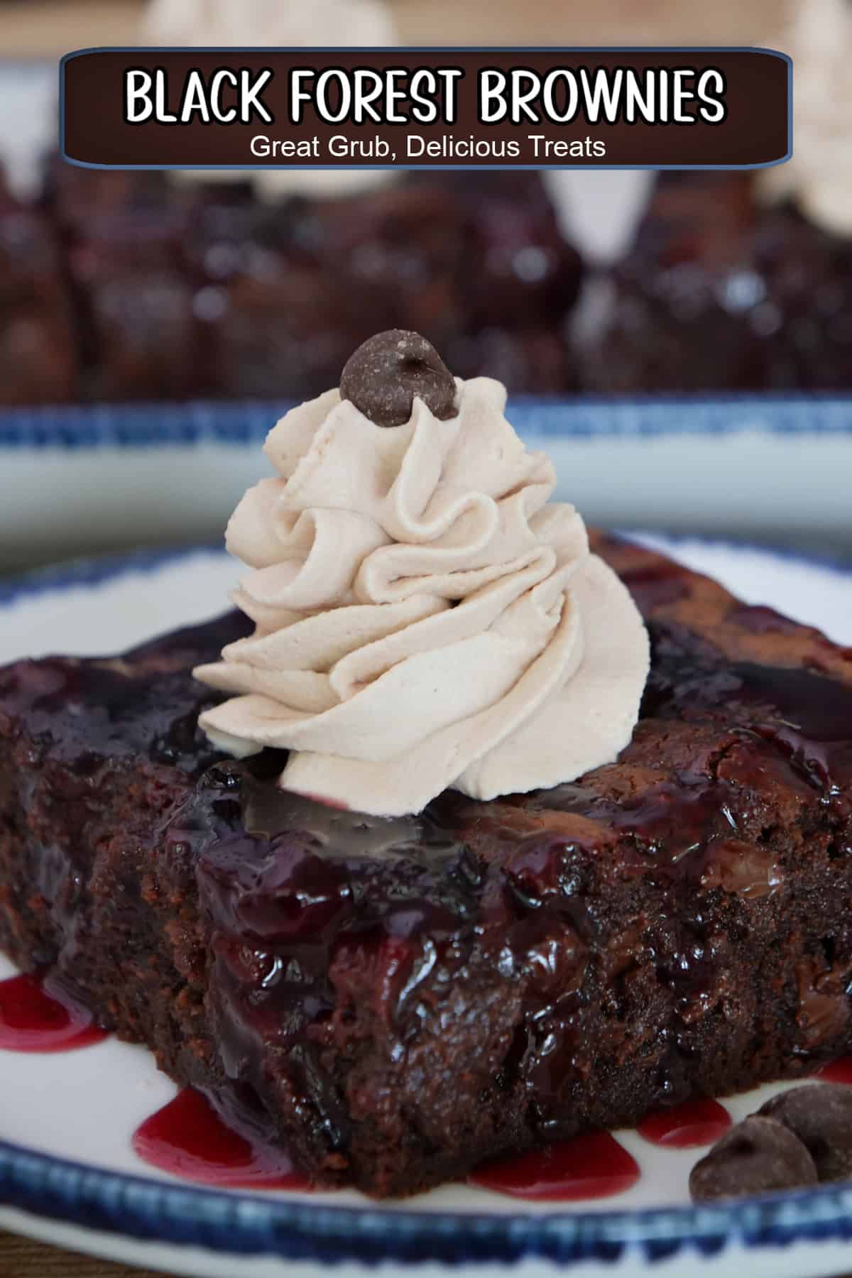 A black forest brownie on a white plate with whipped cream and a chocolate chip on top, and a title overlay at the top.