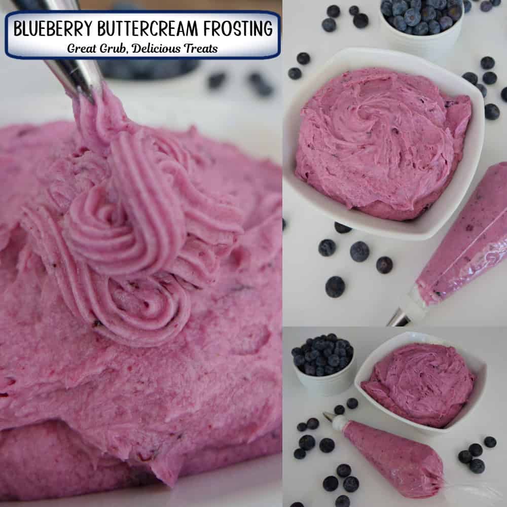 A three panel photo collage of homemade blueberry buttercream frosting with a title overlay at the top.