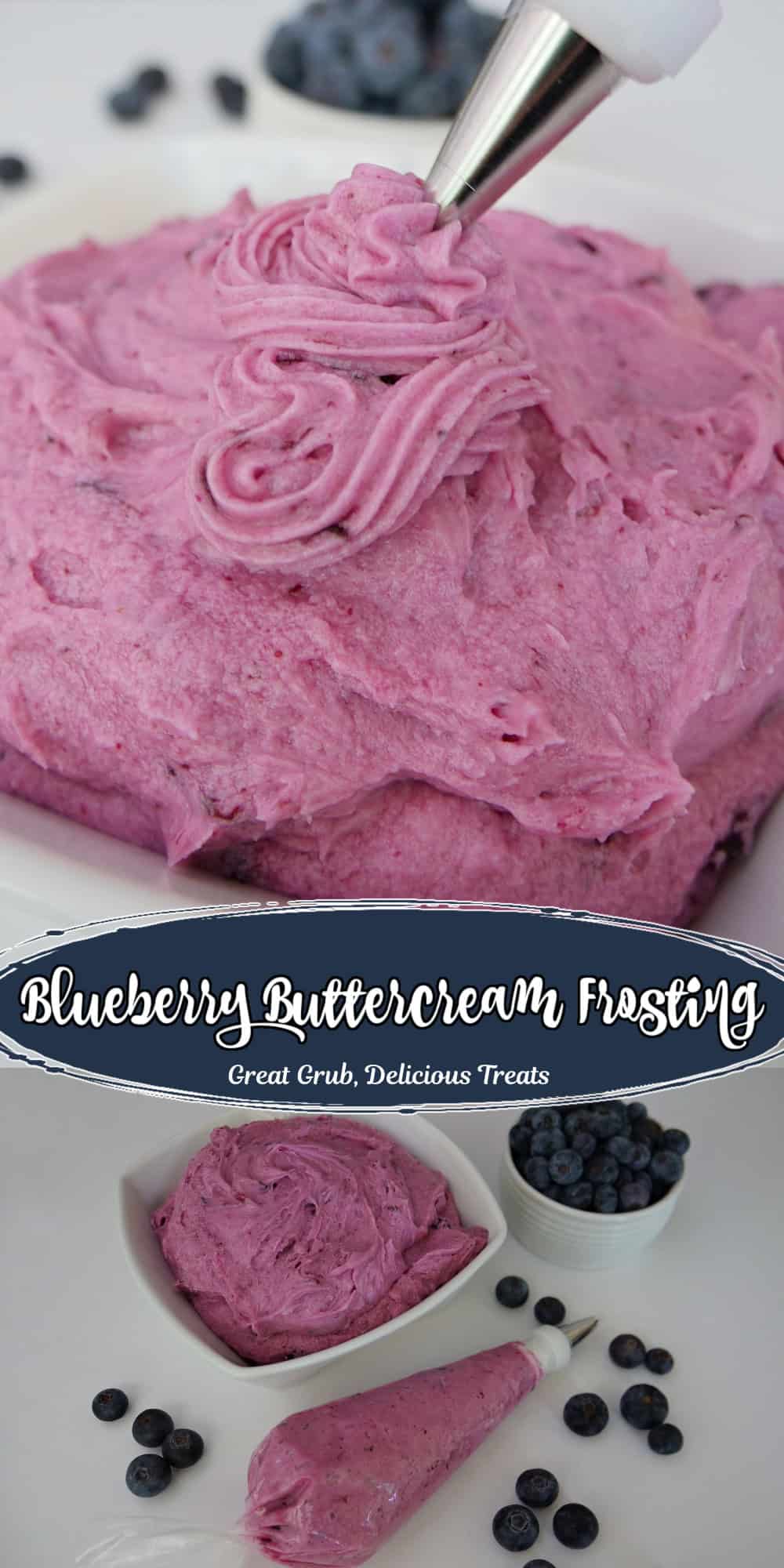 A two panel collage of homemade blueberry buttercream frosting with a title overlay in the center of the two photos.