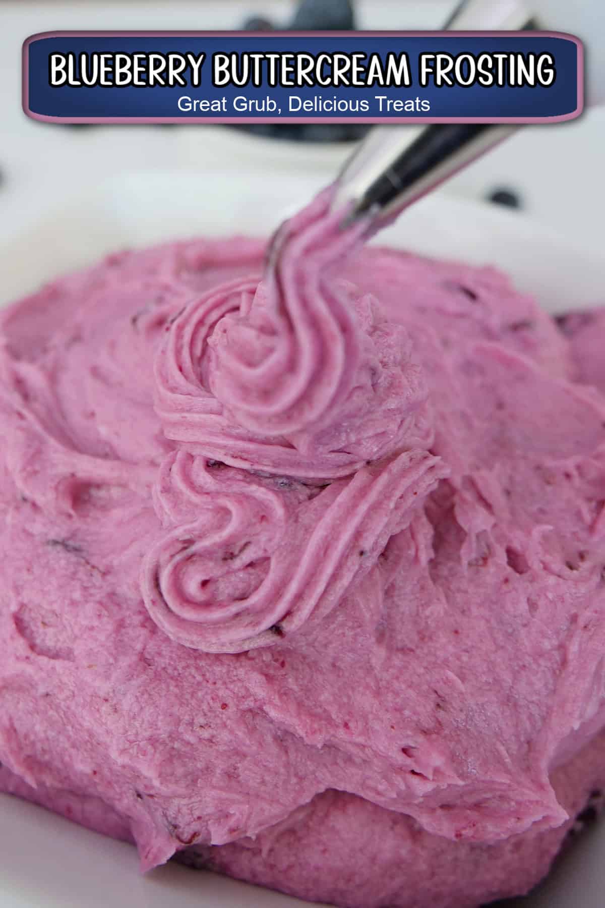 A white surface with a white bowl filled with homemade blueberry buttercream frosting, with a title overlay at the top.