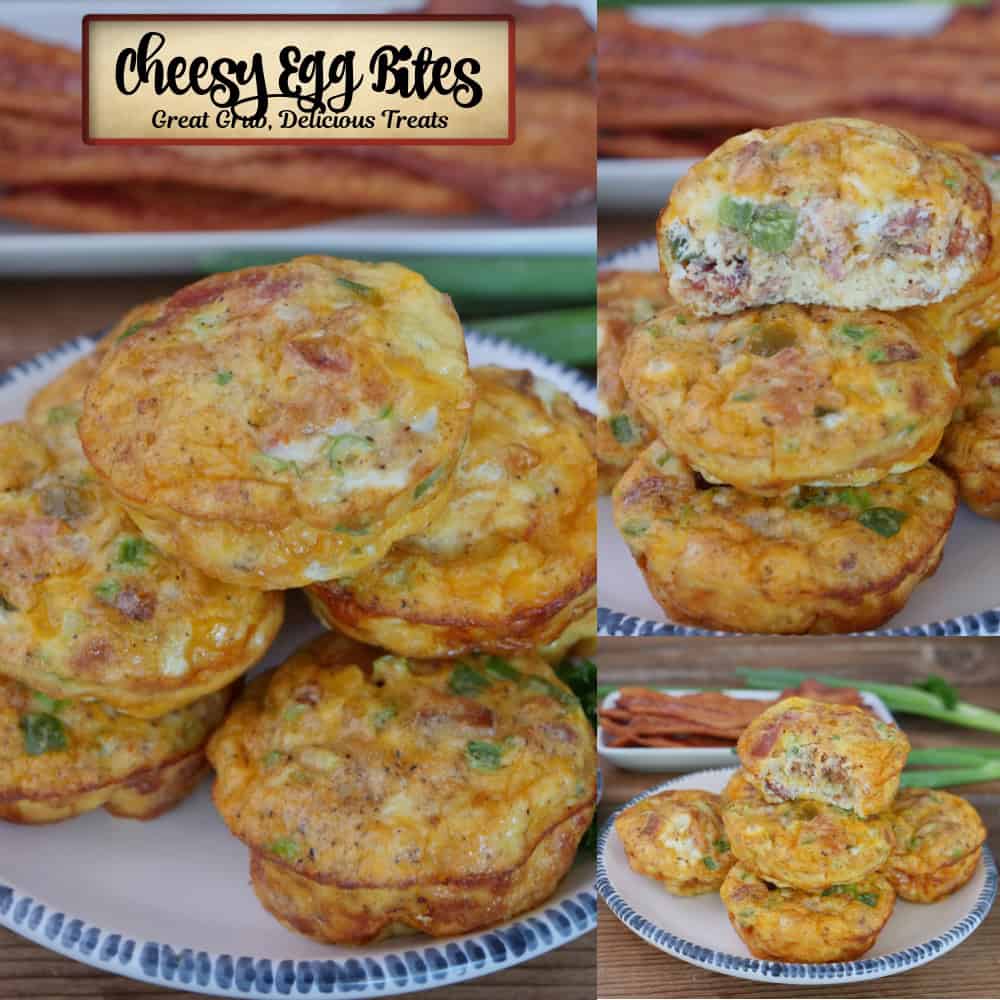 A three panel collage of cheesy egg bites on a white plate with blue trim and a title overlay at the top.