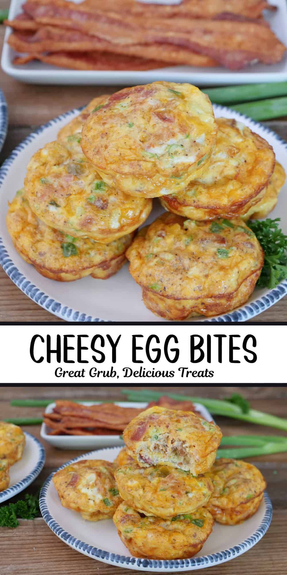 A two panel collage of cheesy egg bites on a white plate with blue trim and a title overlay in the center.