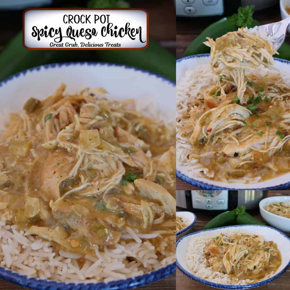 A three panel collage of crock pot spicy queso chicken shredded and place in a white bowl with blue trim over white rice, and a title overlay at the top.