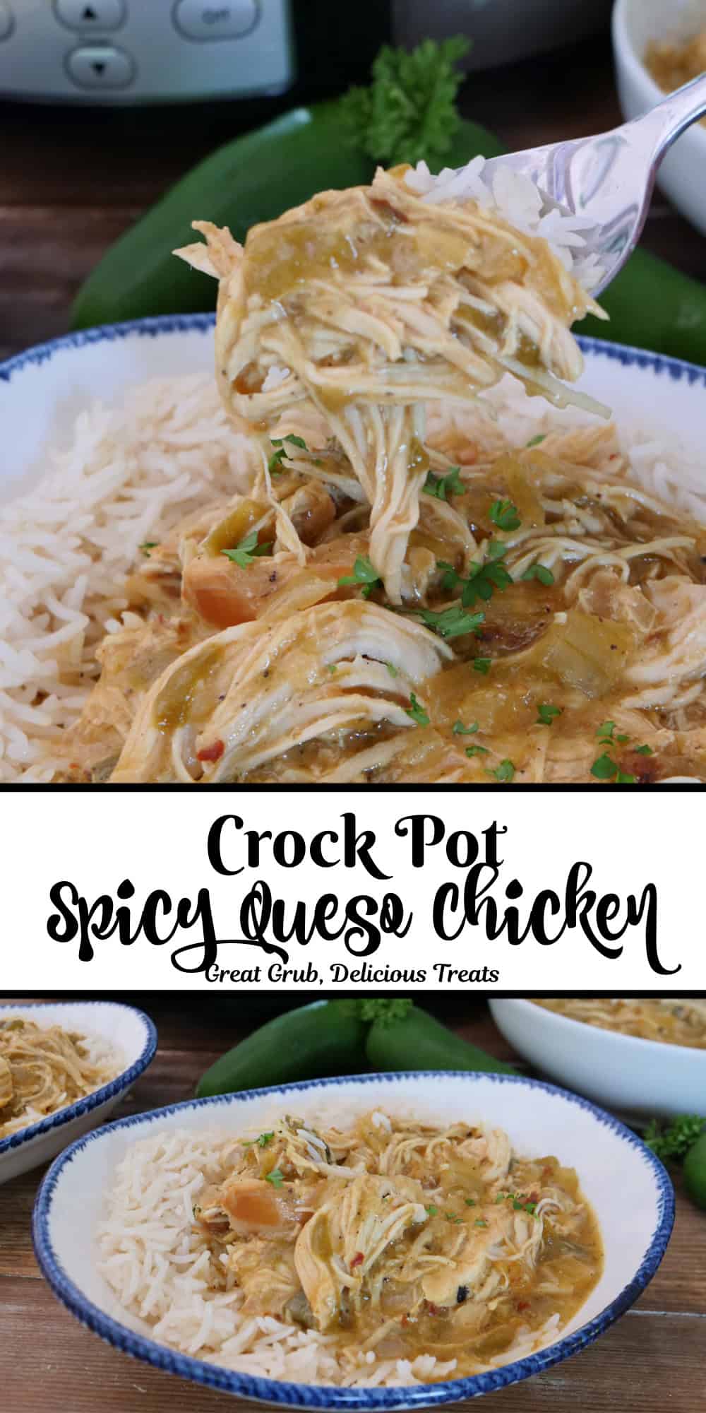 A two panel collage of a white bowl with blue trim and shredded crock pot spicy queso chicken over white rice, and a title overlay in the center.