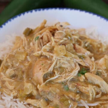 A white bowl with blue trim with white rice and shredded chicken on top of the rice, and a title overlay at the top.