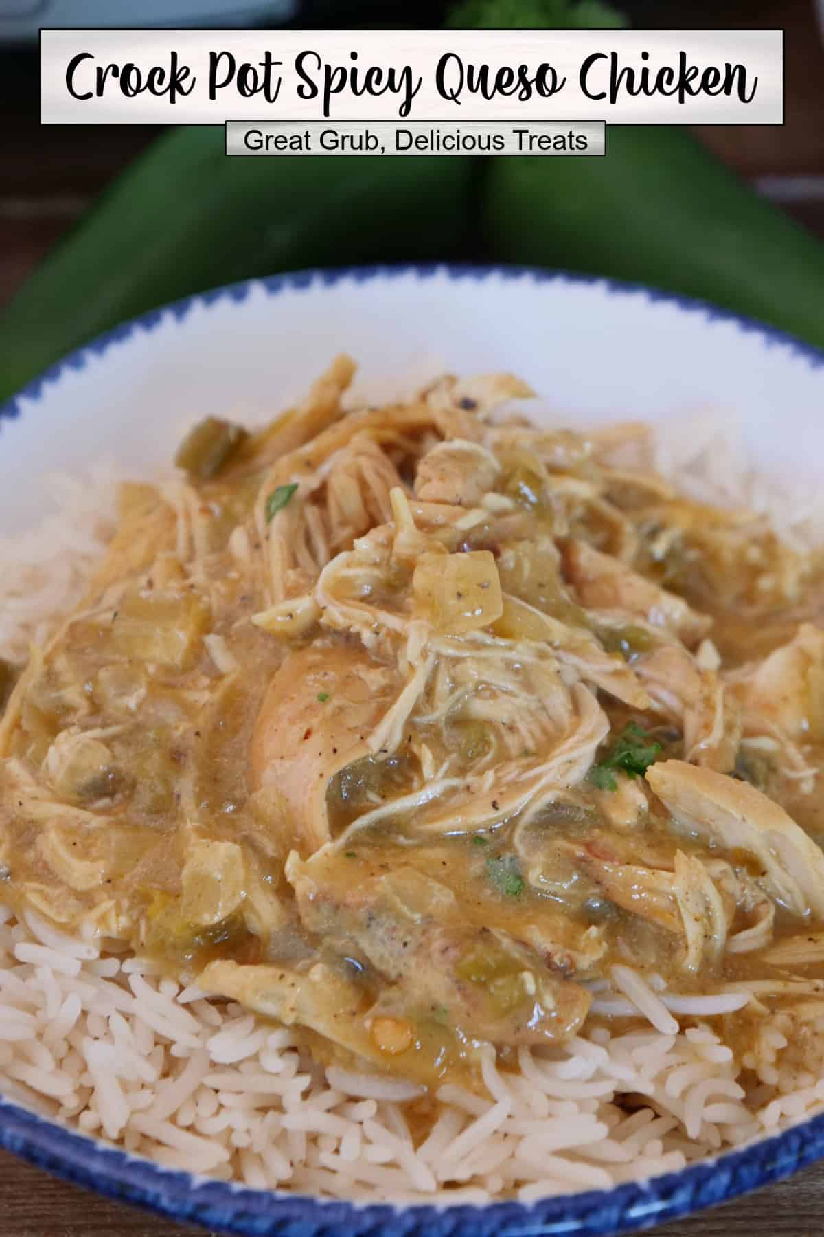 A white bowl with blue trim with white rice and shredded chicken on top of the rice, and a title overlay at the top.