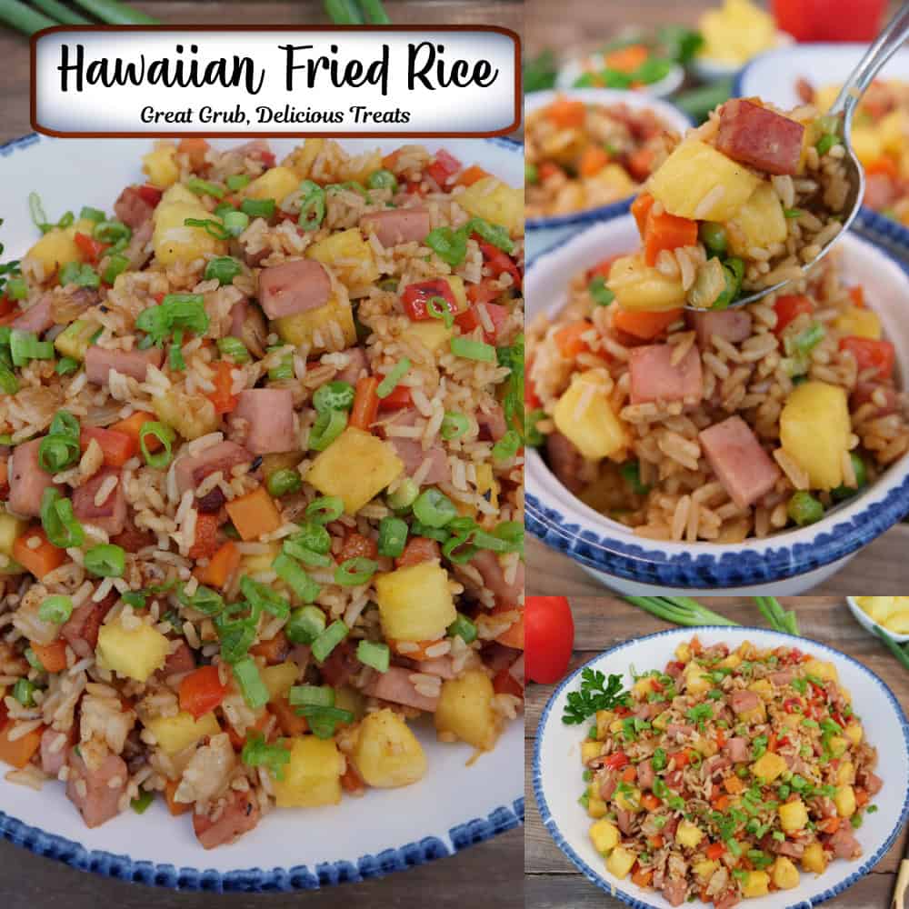 A three panel collage of Hawaiian fried rice in white bowls with blue trim, and a title overlay at the top.